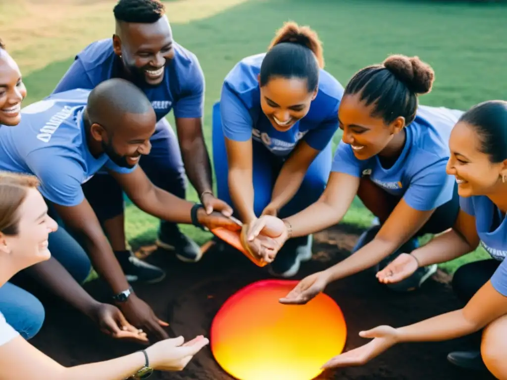 Un grupo de voluntarios diversos participa en una actividad de trabajo en equipo en un evento comunitario al aire libre al atardecer, mostrando la gestión de voluntarios en ONGs con espíritu de colaboración y positividad