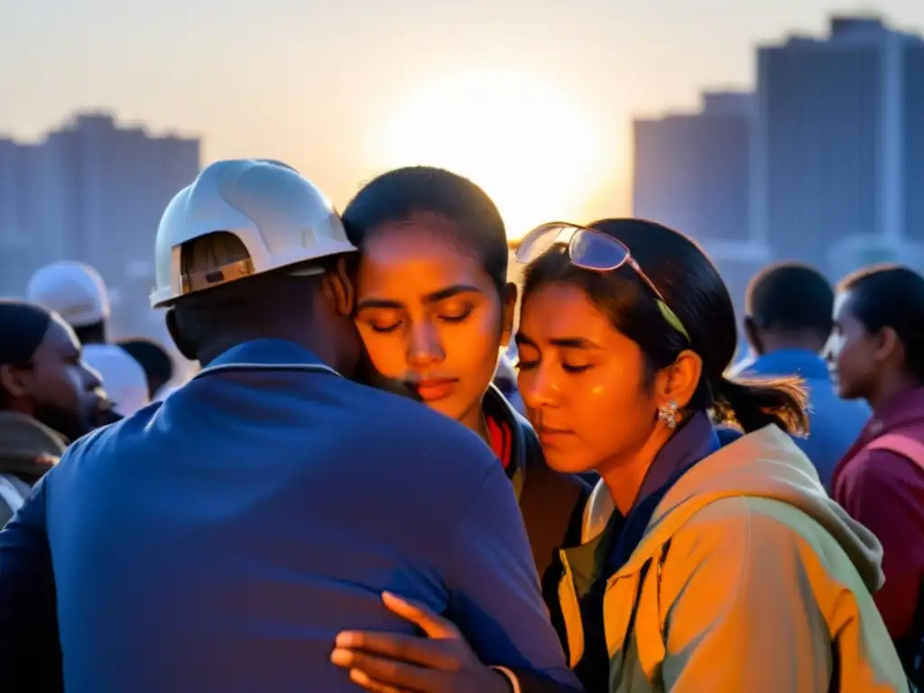 Grupo de voluntarios agotados se reconfortan al atardecer