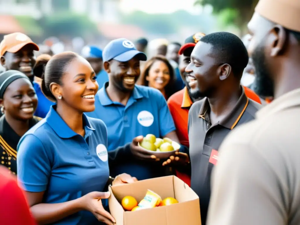 Grupo de voluntarios distribuyendo alimentos y necesidades a una multitud agradecida, mostrando liderazgo compasivo en ONGs