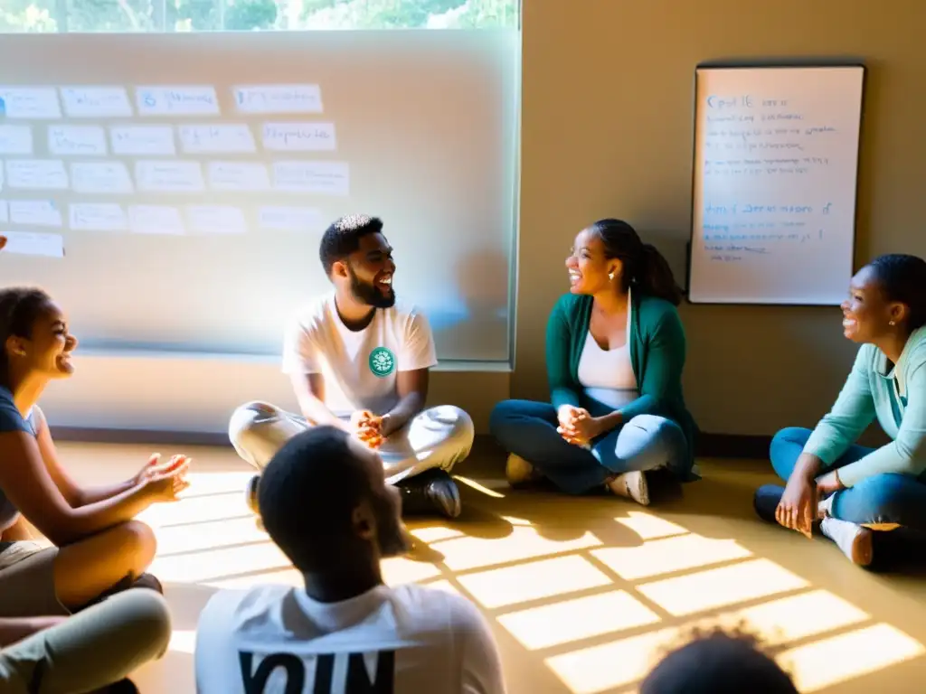 Grupo de voluntarios en animada discusión sobre mejores prácticas evaluación desempeño voluntariado, reflejando colaboración y propósito