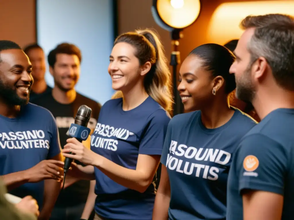 Un grupo de voluntarios apasionados con camisetas de marca en un estudio de grabación, colaborando en la creación de contenido de podcast para ONGs