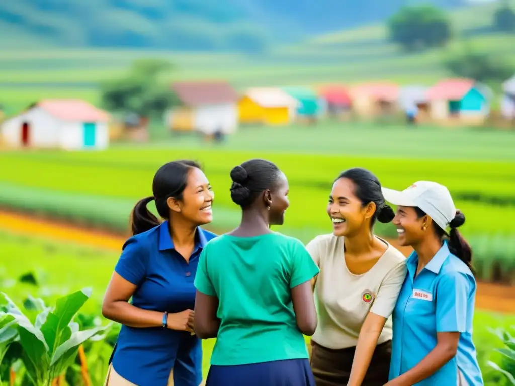 Un grupo de voluntarios apasionados en una comunidad rural, interactuando cálidamente con la comunidad local y realizando actividades de enseñanza, agricultura y atención médica, simbolizando el impacto de proyectos de cambio social