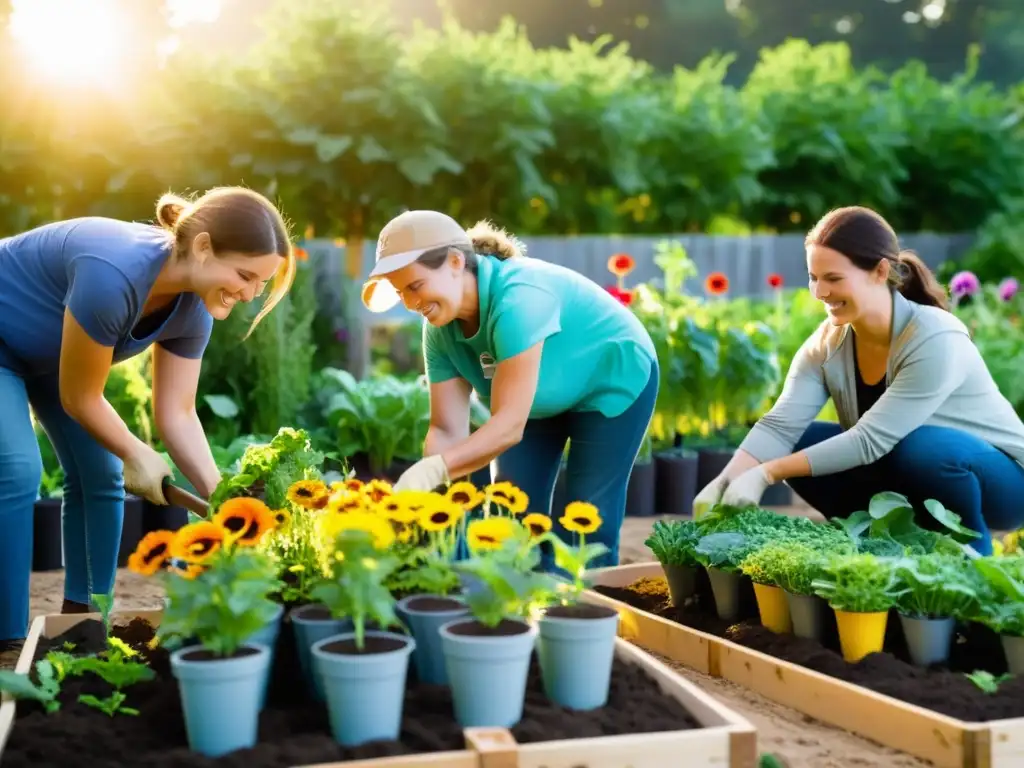 Un grupo de voluntarios apasionados construye un jardín comunitario sostenible, rodeado de flores vibrantes, productos frescos y sonrisas