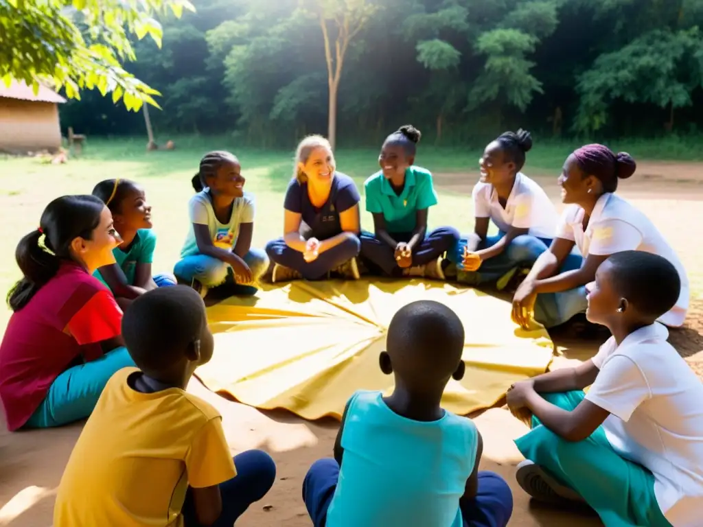 Un grupo de voluntarios apasionados comparte conocimientos con niños en una comunidad rural, creando contenido de valor ONGs