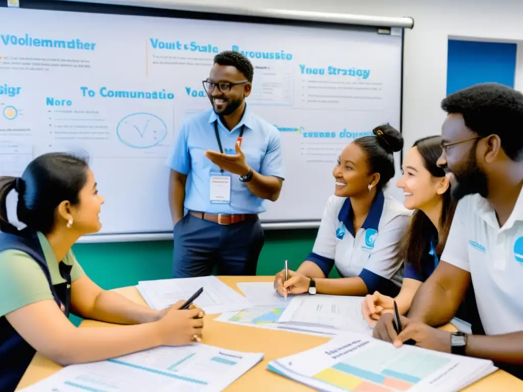 Un grupo de voluntarios apasionados de una ONG discute estrategias con mapas y gráficos