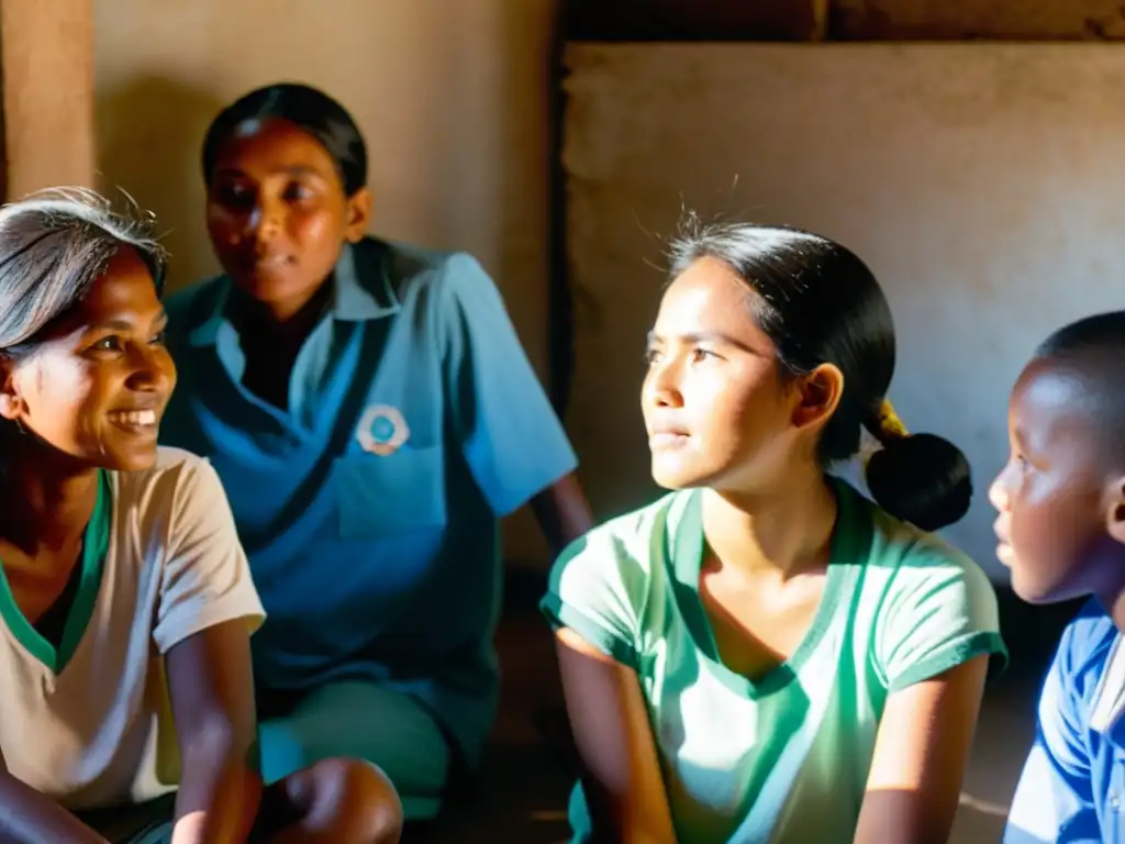 Un grupo de voluntarios apasionados escucha atentamente a una niña mientras comparte su historia con niños en un orfanato