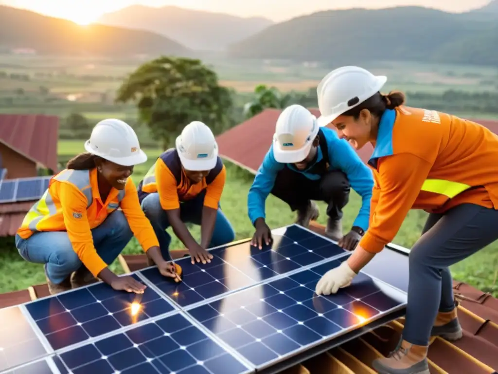 Un grupo de voluntarios apasionados instala paneles solares en un centro comunitario en un pueblo rural al atardecer