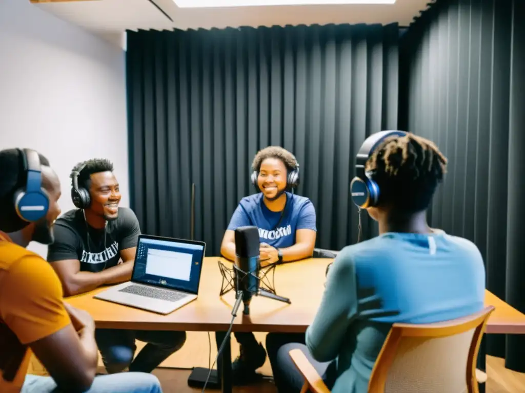 Un grupo de voluntarios apasionados grabando un podcast en un estudio improvisado en una ONG, rodeados de micrófonos y paneles insonorizantes