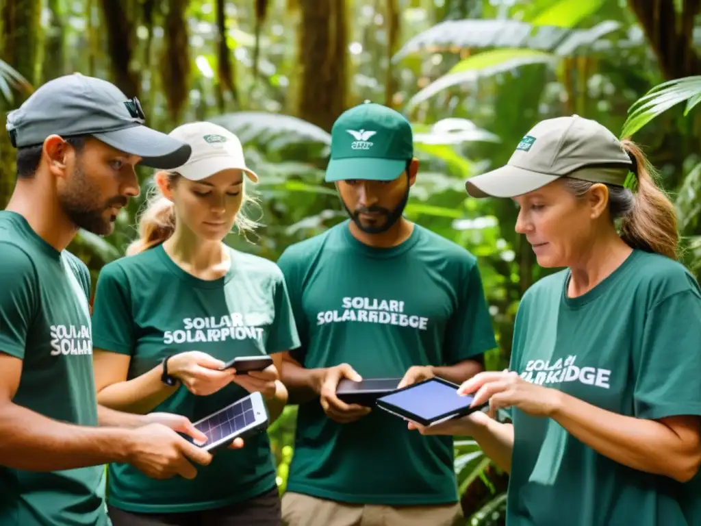 Un grupo de voluntarios apasionados instala sistemas de monitoreo sostenibles ONG en la exuberante selva tropical, bajo la luz filtrada del dosel