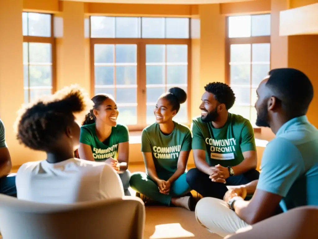 Grupo de voluntarios apasionados discutiendo técnicas de capacitación para voluntariado transformador en un ambiente de colaboración e inspiración