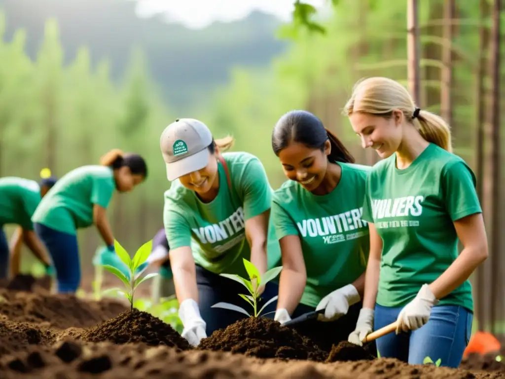 Un grupo de voluntarios plantando árboles en un área deforestada, con determinación y esperanza