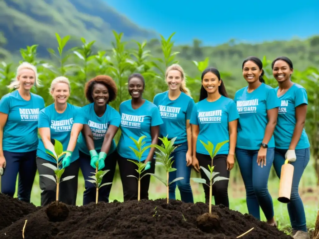 Grupo de voluntarios plantando árboles en área deforestada, con cielo azul y vegetación exuberante