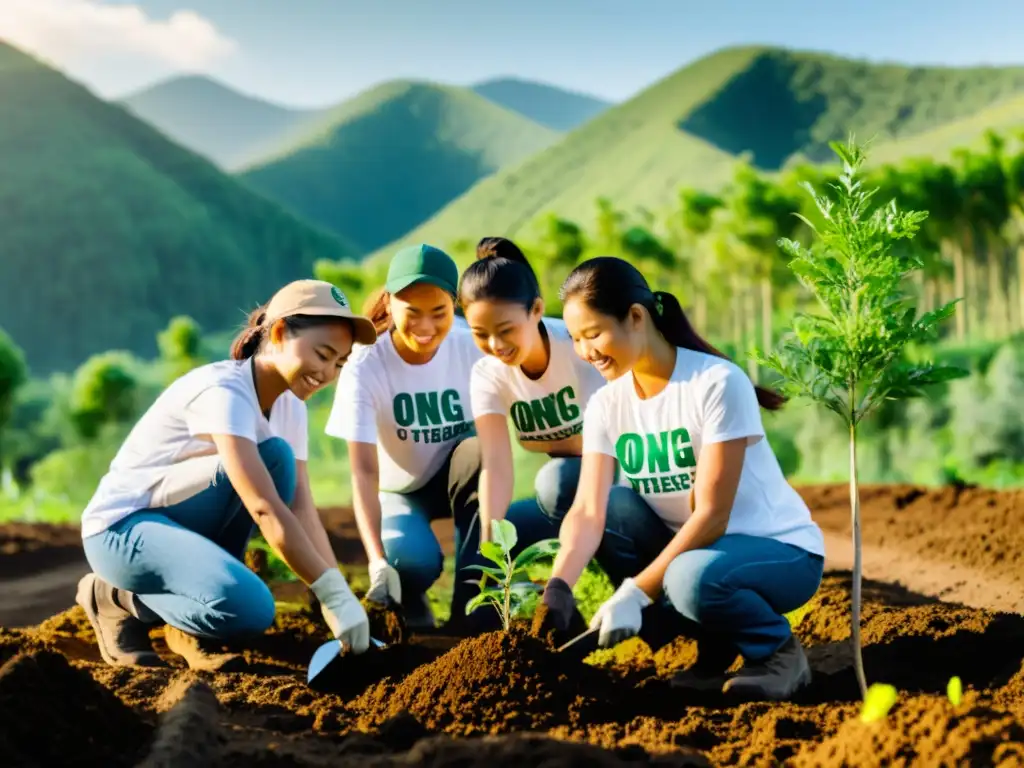 Grupo de voluntarios plantando árboles en área deforestada