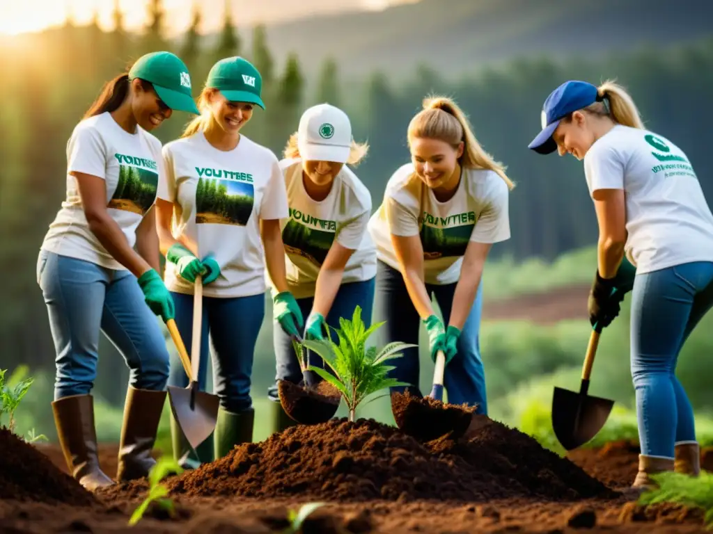 Un grupo de voluntarios plantando árboles en un área deforestada, con el sol iluminando la escena