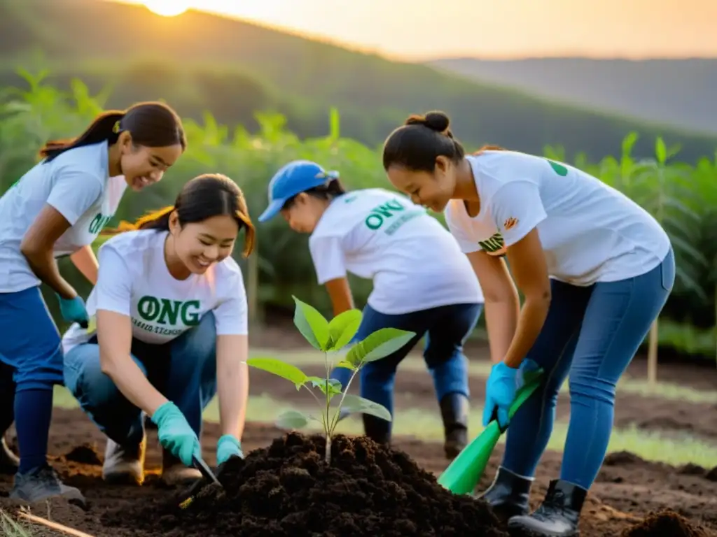 Grupo de voluntarios plantando árboles al atardecer, promoviendo la reducción de huella carbono eventos ONG