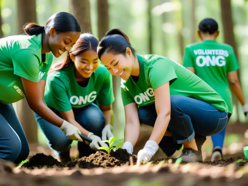 Un grupo de voluntarios planta árboles en un bosque frondoso, con el sol filtrándose entre las hojas y creando sombras moteadas en el suelo