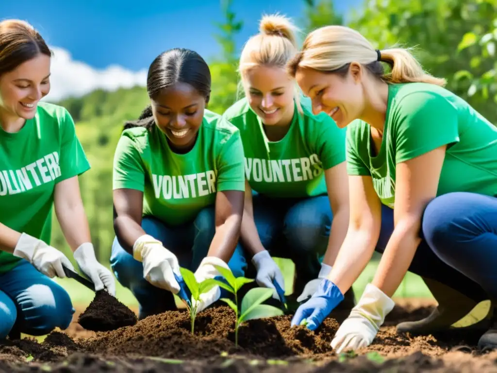 Un grupo de voluntarios plantando árboles en un bosque, simbolizando el voluntariado ecológico y la reducción de la huella de carbono