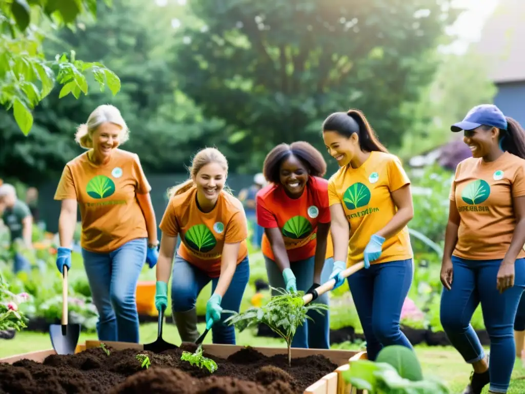 Un grupo de voluntarios planta árboles y flores en un jardín comunitario, potenciando competencias voluntariado ONG