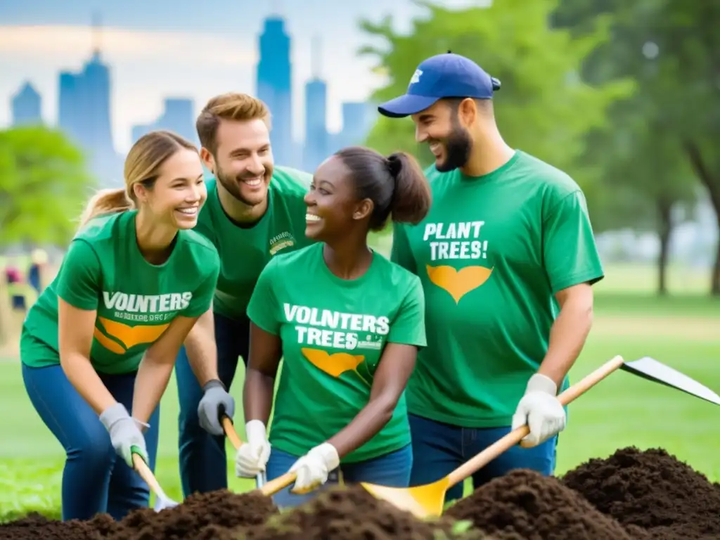 Un grupo de voluntarios plantando árboles en un parque verde