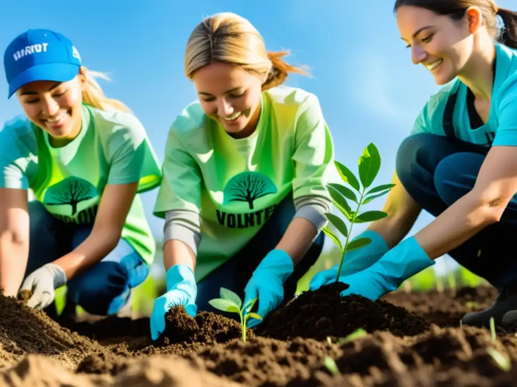 Grupo de voluntarios plantando árboles en zona deforestada, con luz solar filtrándose entre las hojas