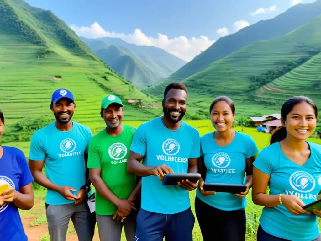 Un grupo de voluntarios distribuye ayuda en una aldea remota con montañas verdes de fondo