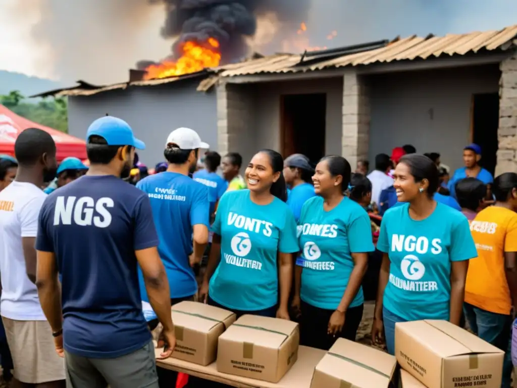 Un grupo de voluntarios de una ONG distribuye ayuda a familias afectadas por un desastre natural