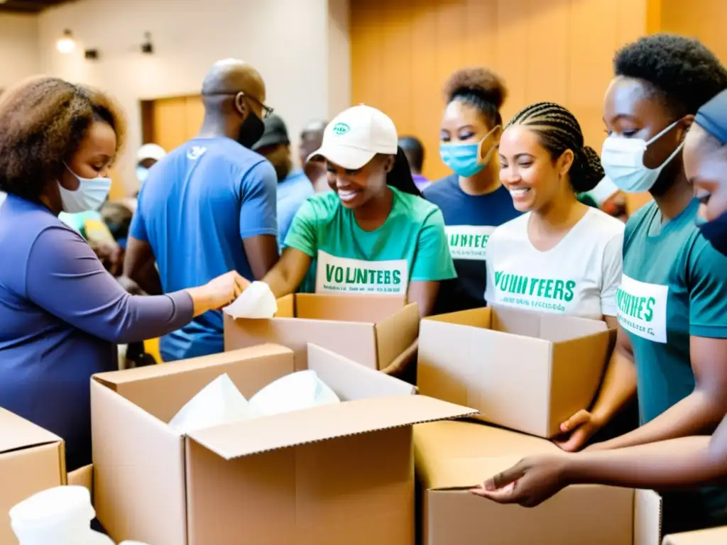 Voluntarios empaquetando ayuda con determinación Un grupo de voluntarios organizando y distribuyendo ayuda a familias necesitadas en un centro comunitario, transmitiendo unidad y compasión