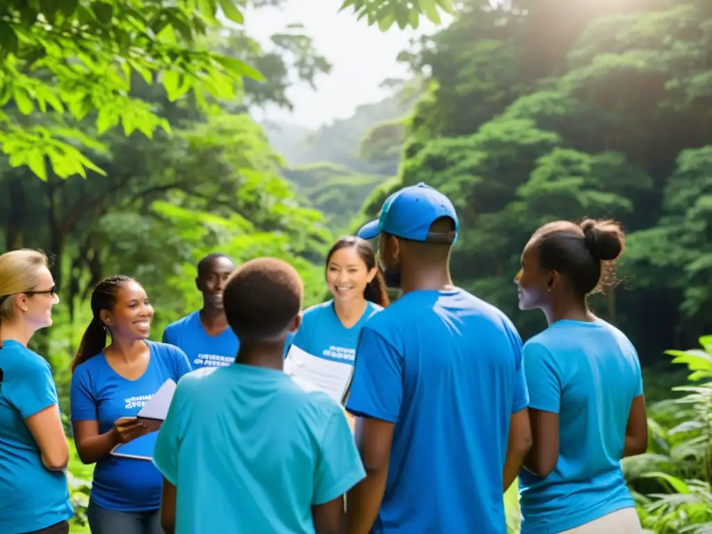 Un grupo de voluntarios con camisetas azules de ONG discuten encuestas con miembros de la comunidad en un bosque