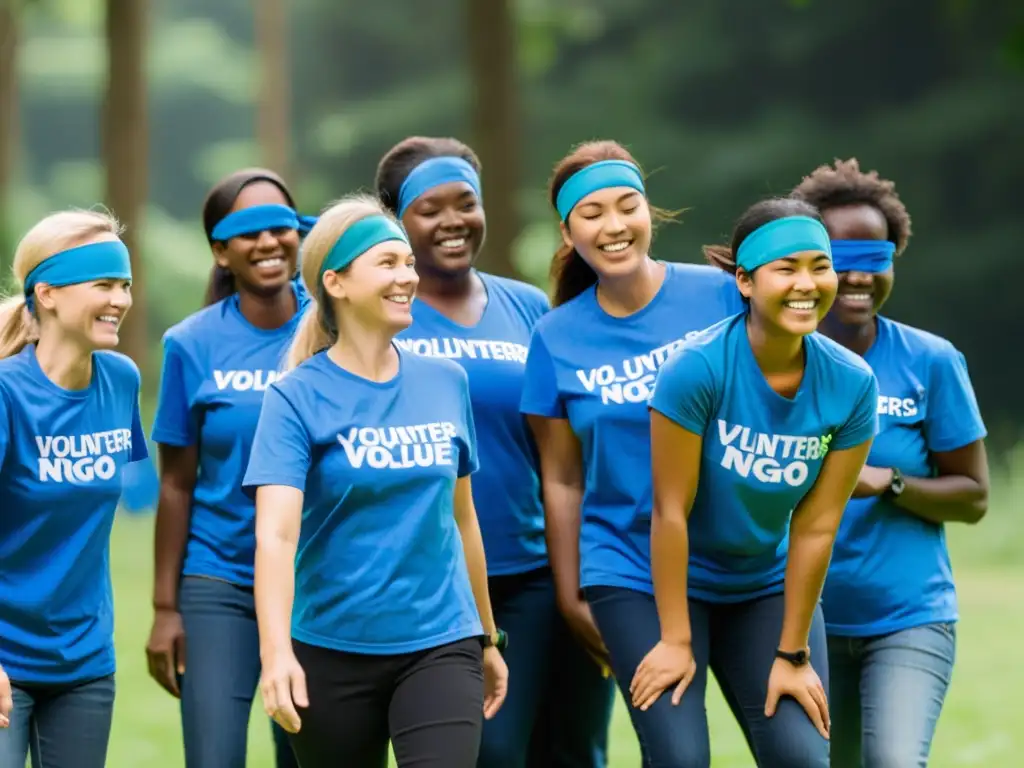 Un grupo de voluntarios de una ONG usa camisetas azules brillantes con su logo