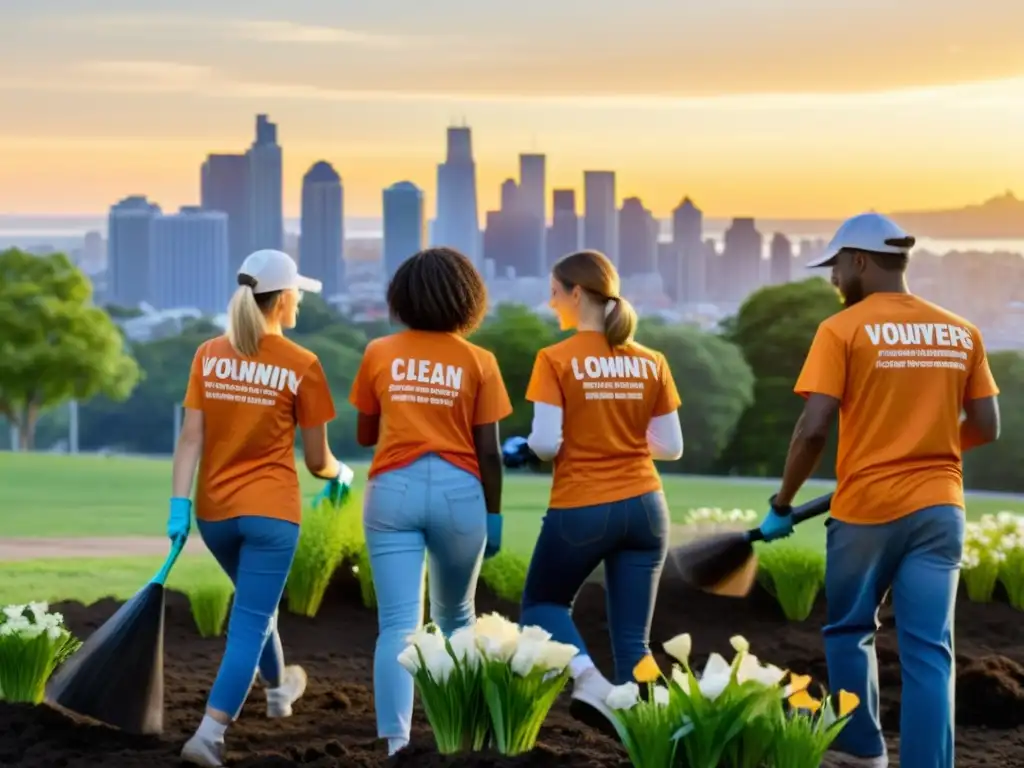 Un grupo de voluntarios con camisetas a juego limpiando un parque al atardecer, simbolizando la gestión de voluntarios en ONG