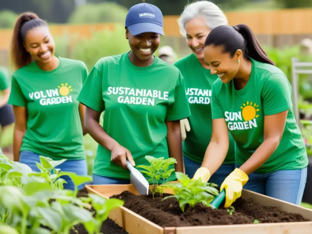 Un grupo de voluntarios con camisetas a juego trabajando juntos para construir un jardín sostenible en una comunidad local