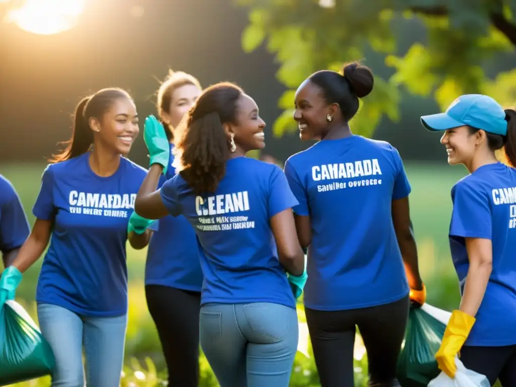 Un grupo de voluntarios en camisetas a juego limpiando un parque local al atardecer, mostrando la camaradería y el propósito