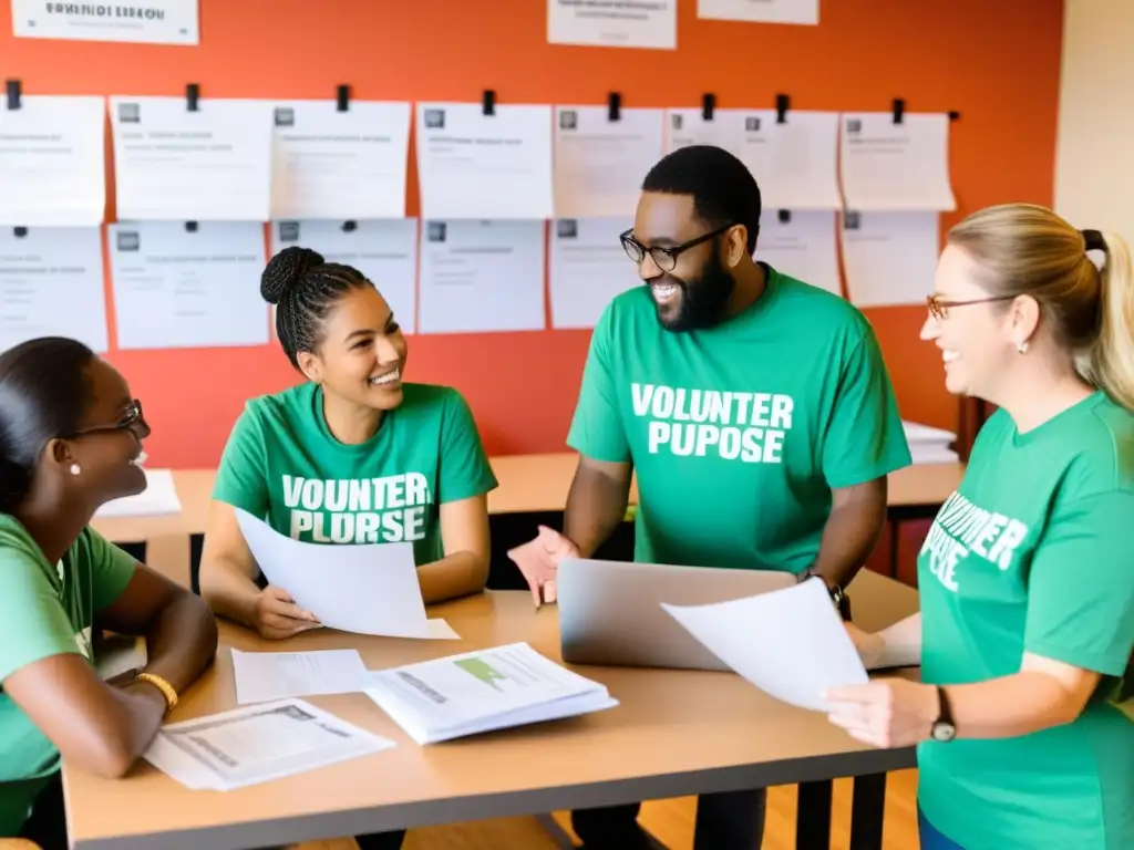 Un grupo de voluntarios, con camisetas a juego, colaborando en la gestión de voluntarios en ONGs