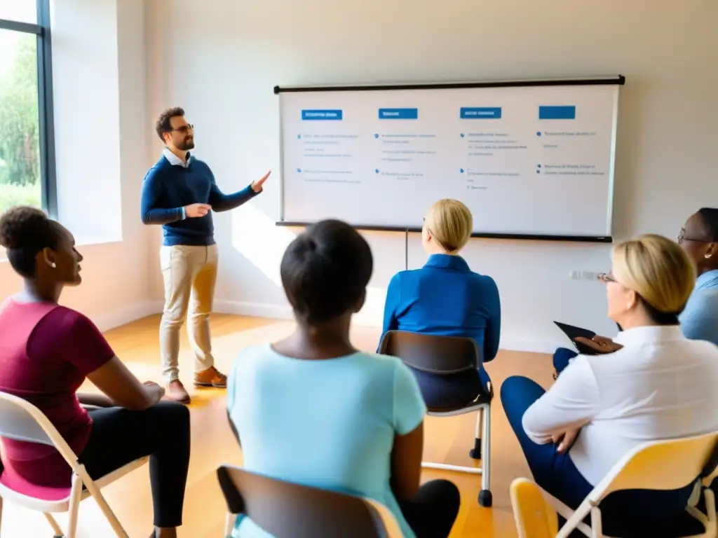 Grupo de voluntarios participando en una cálida sesión de capacitación con instructor