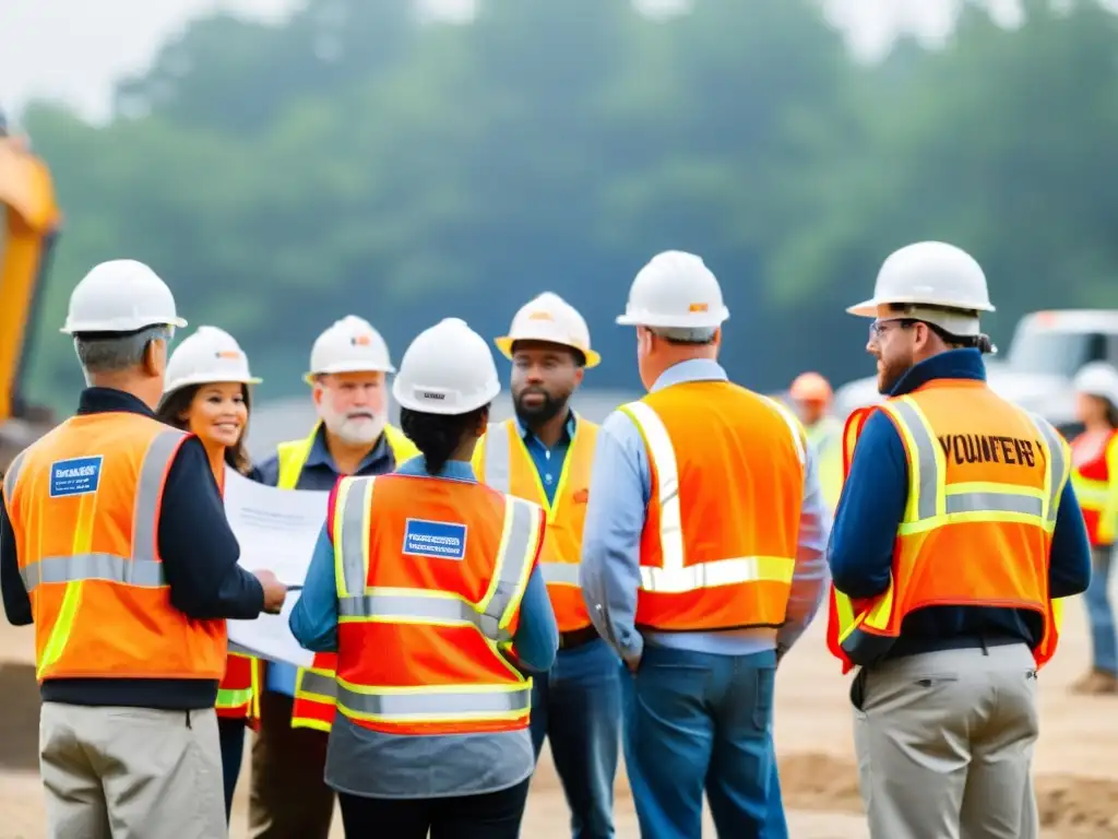 Un grupo de voluntarios con chalecos naranjas y cascos escuchan atentos un briefing de seguridad antes de iniciar labores en un sitio de construcción