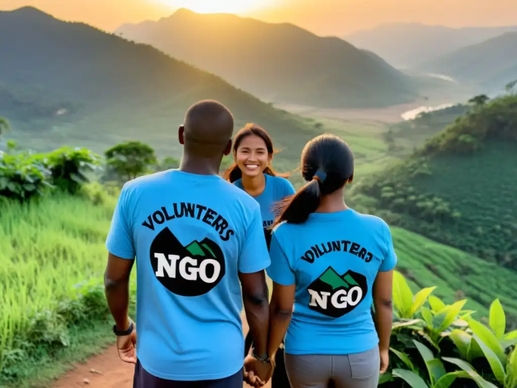 Un grupo de voluntarios de una ONG, unidos en círculo al atardecer, listos para su heroica misión de ayuda