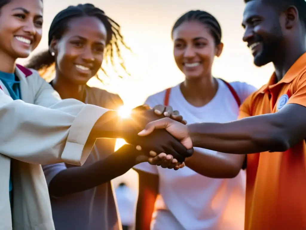 Un grupo de voluntarios en círculo, unidos y determinados para iniciar una misión humanitaria al atardecer