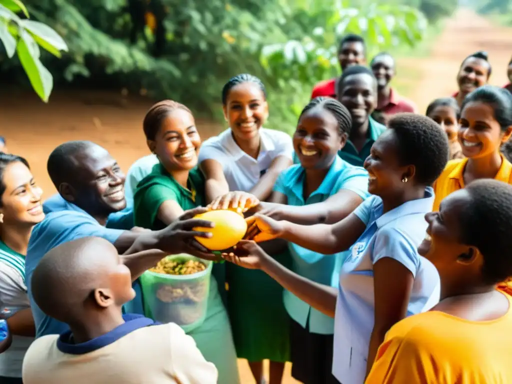 Un grupo de voluntarios de una ONG distribuye comida y suministros a personas necesitadas, transmitiendo esperanza y gratitud