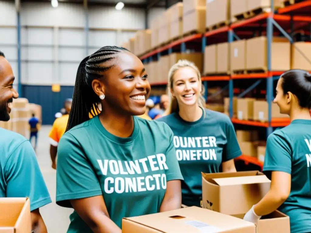 Grupo de voluntarios distribuyendo comida y suministros a familias necesitadas, mostrando conexión humana y compasión en un centro de distribución