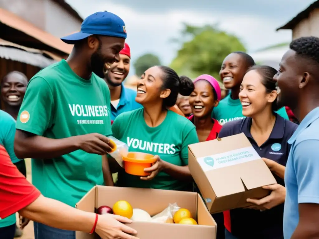 Un grupo de voluntarios distribuye comida y suministros a personas necesitadas, mostrando compasión y diversidad