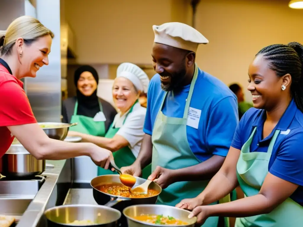 Grupo de voluntarios sirviendo comidas calientes a personas necesitadas en una cocina de beneficencia