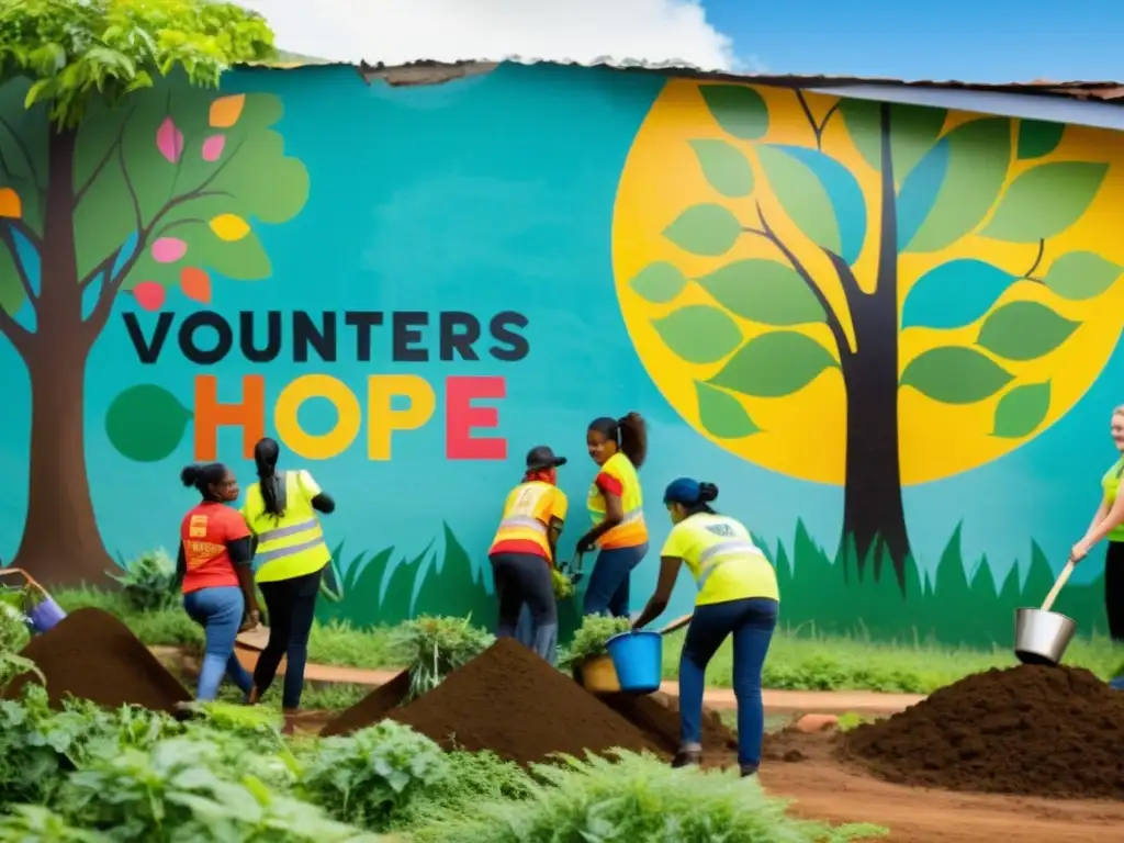 Grupo de voluntarios trabajando en comunidad, rodeados de murales coloridos que transmiten mensajes de esperanza