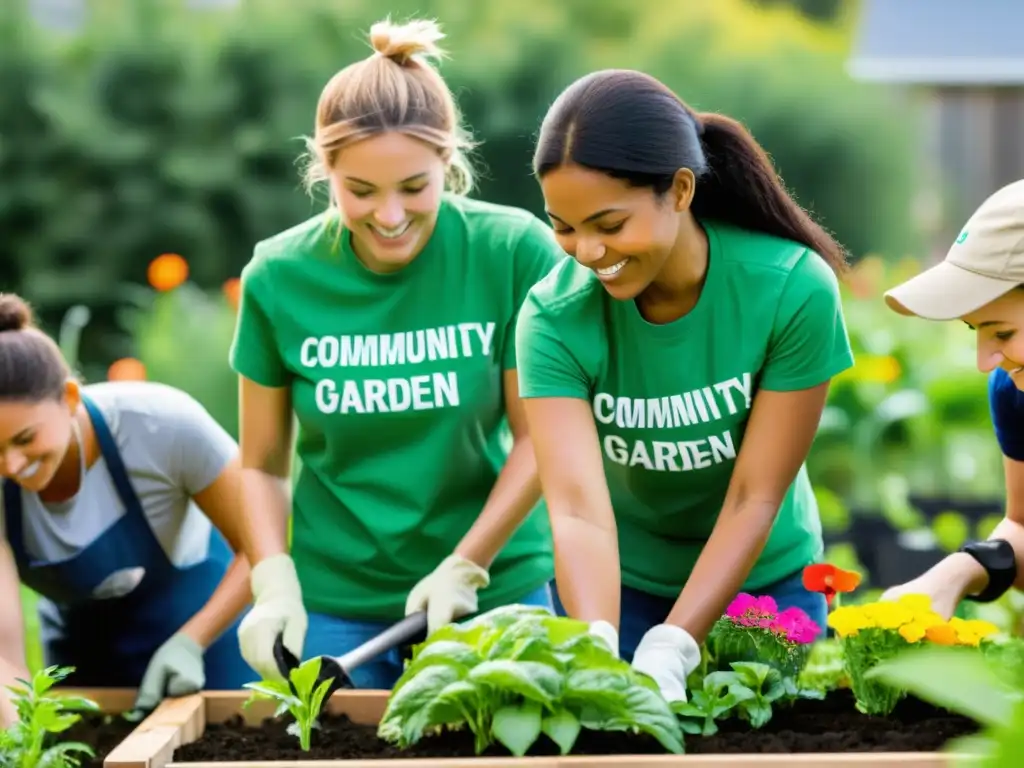 Grupo de voluntarios trabajando en un jardín comunitario, mostrando el impacto social positivo de las donaciones