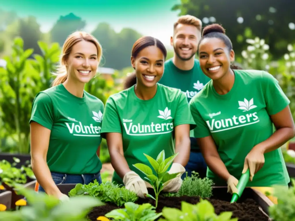 Un grupo de voluntarios sonríe mientras cuida un jardín comunitario, con plantas vibrantes