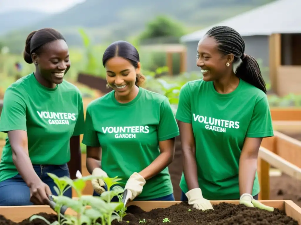 Grupo de voluntarios de ONG colaborando en jardín comunitario en pueblo remoto, promoviendo impacto positivo y empoderamiento