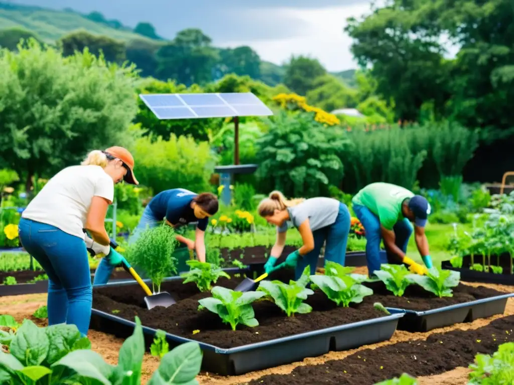 Un grupo de voluntarios trabaja en un jardín comunitario sostenible, rodeado de paneles solares y naturaleza exuberante