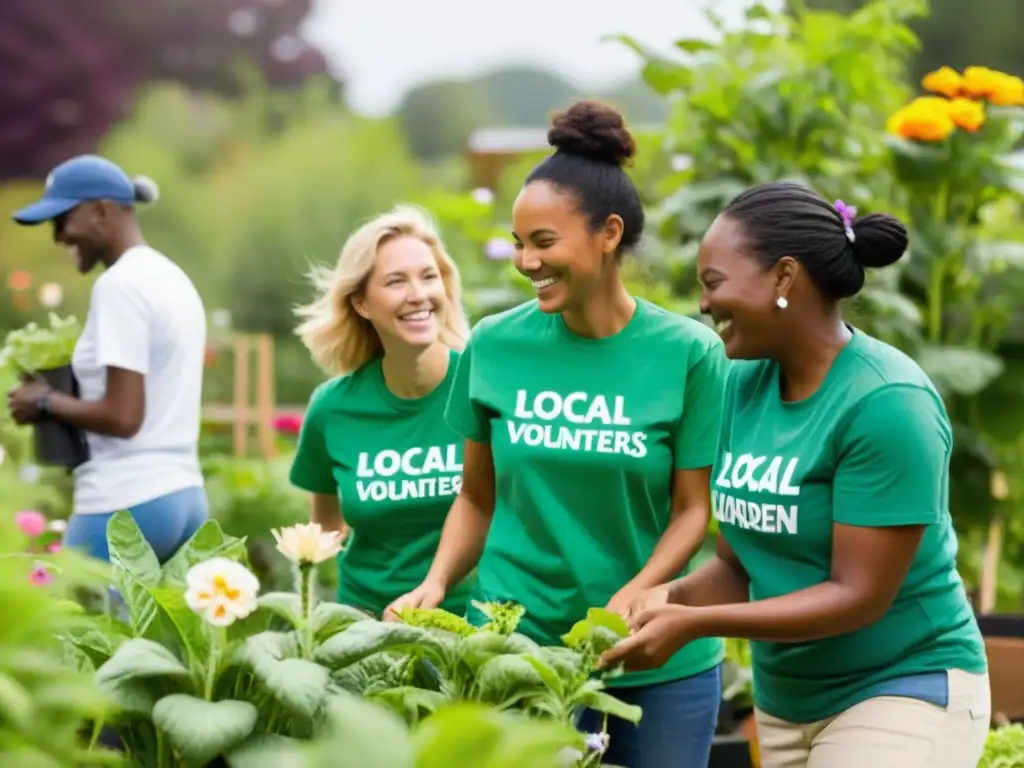 Un grupo de voluntarios diversos cuida un jardín comunitario, vestidos con camisetas de la ONG