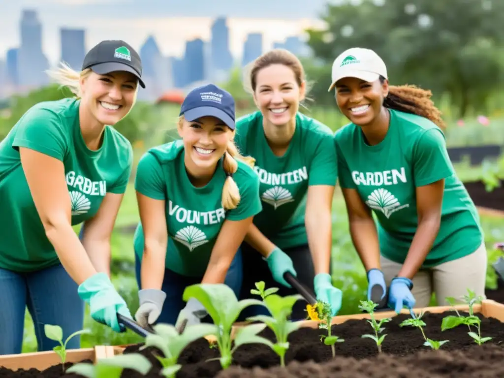 Un grupo de voluntarios corporativos colaborando en la construcción de un jardín sostenible en la comunidad