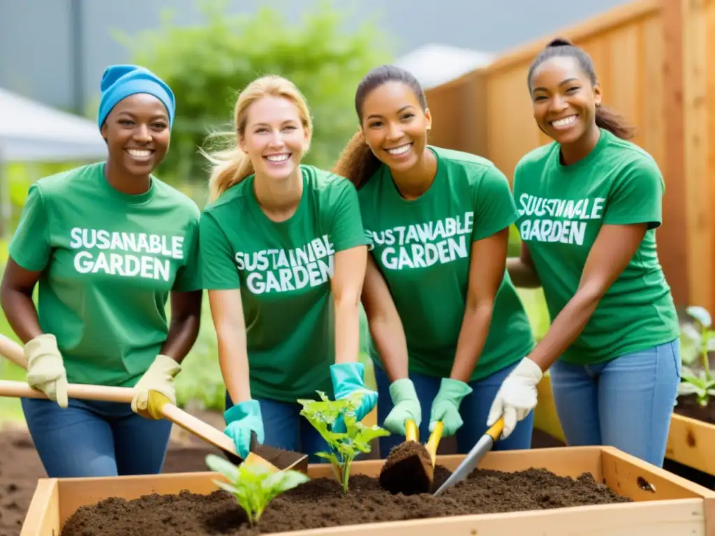 Grupo de voluntarios corporativos construyendo un jardín sostenible para ONGs, reflejando su pasión y dedicación