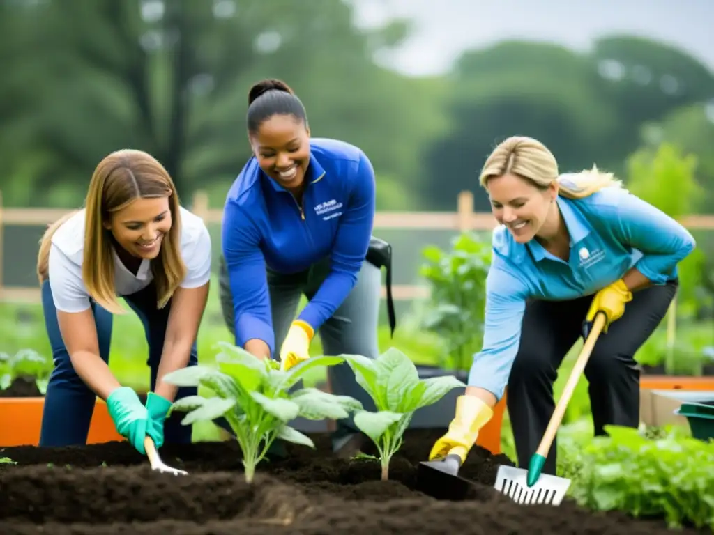 Un grupo de voluntarios corporativos y miembros de una ONG construyen juntos un jardín comunitario sostenible